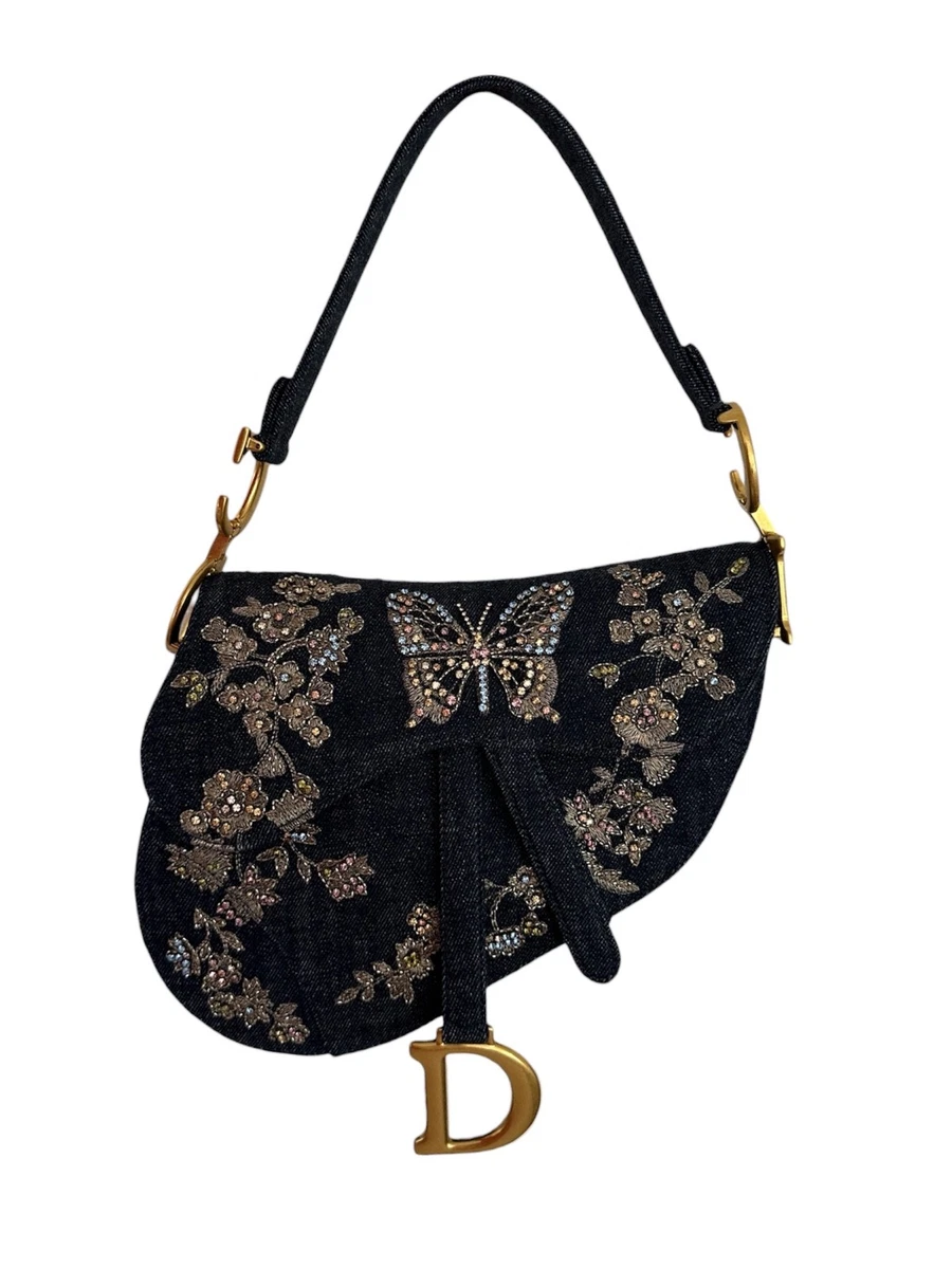 Christian Dior Denim Blue Saddle Bag Butterfly Rhinestone