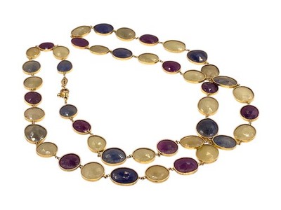 JOHN APEL 18K Yellow Gold Reina Style Multicolor Sapphires Long Necklace