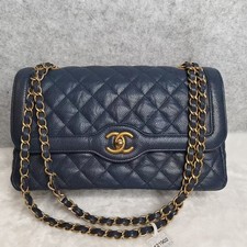 AUTH Chanel Classic Flap Navy Caviar Leather Gold Chain Shoulder Crossbody Bag