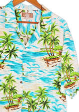 Kalaheo Hawaiian Shirt XL White Blue Palm Tree Outrigger Canoe Aloha Made In USA