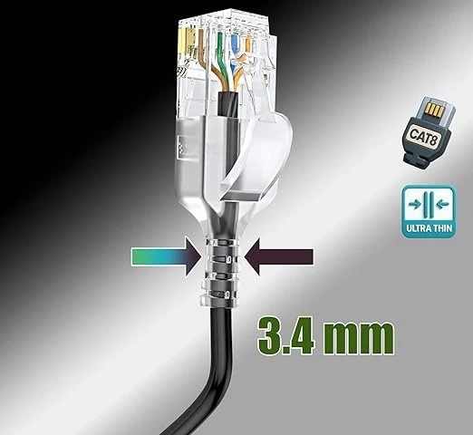 Câble Ethernet Réseau Cat8 -0.5m à 60m- RJ45 40Gbps 2000MHz Slim Rond Noir S/FTP - Immagine 3 di 4