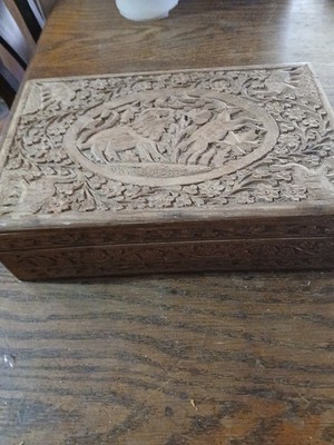 Vtg Ornate Hand Carved Wooden Trinket Jewelry Box 12 x7.5  Lion/deer 3.5 