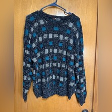 Vintage 80s Black  Teal Geometric Knit Sweater  Retro Grandpa Pullover Large