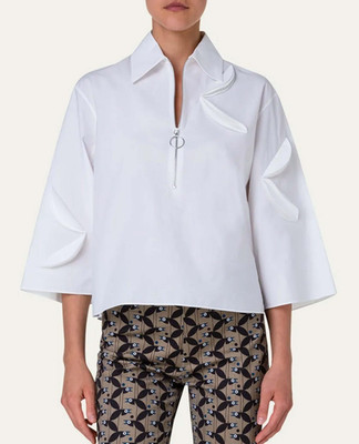 AKRIS PUNTO Bird-Applique Cotton Quarter-Zip Boxy Kimono Blouse Volume Shirt US8