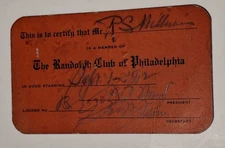 Vintage 1912 Randolph Club Of Philadelphia Membership Card