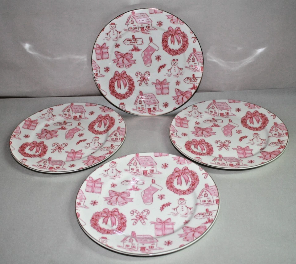 Juego de cuatro platos de ensalada Grace Teaware rosa/rojo decorados con Navidad de 8" nuevos Foto 3 de 3