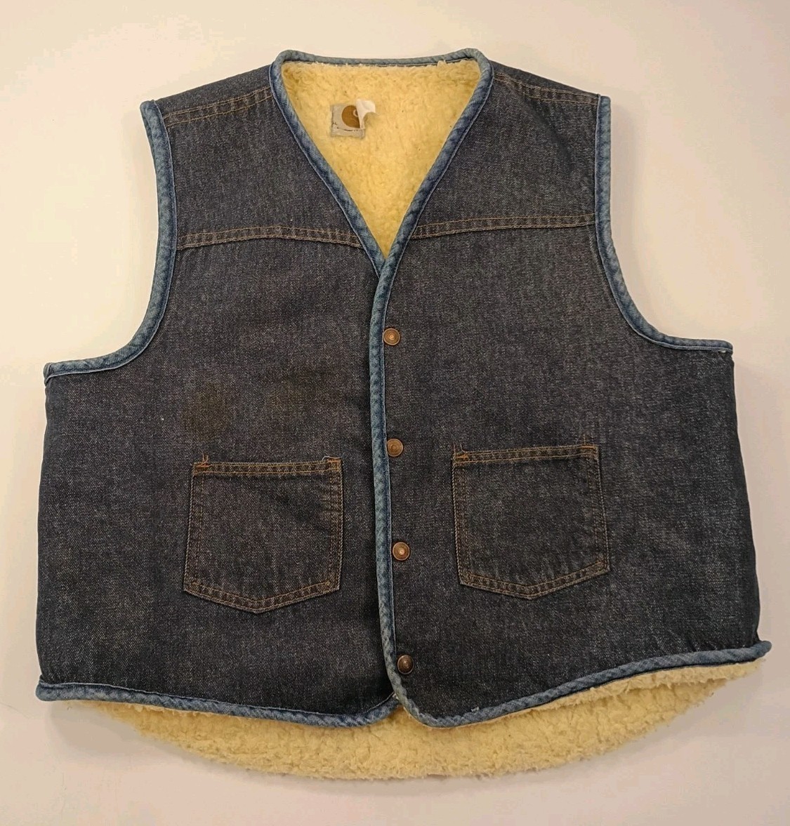 Vintage Carhartt Denim Boa Lined Snap Pocket Vest Men's Size XL Made  In USA