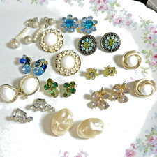 Vintage Clip On Earrings Lot Rhinestone Lucite Faux Pearl Mid Century 12 Pair