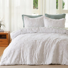 Tufted Queen Comforter Set, 3 Pieces White Boho Queen Bedding Set with 1 Boho Fl