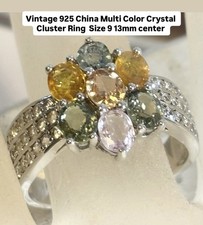 Vintage 925 China Sterling Multi Color Crystal Cluster Ring Size 9 13mm Center