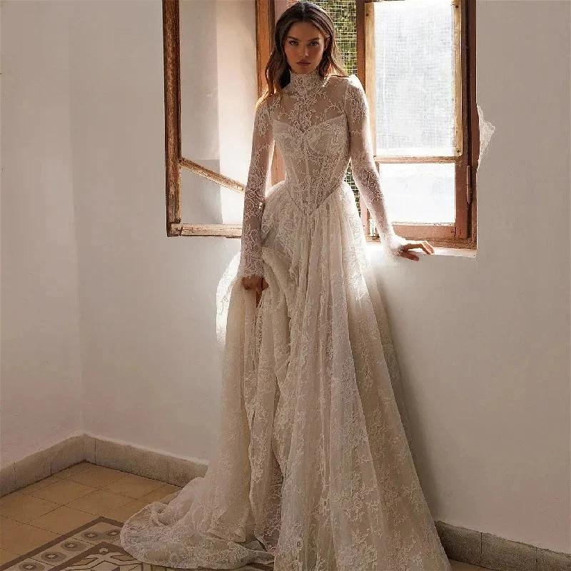 chinese dress ladies Lace Champagne Wedding Dress Long Sleeve On Sale-Bridelily main image 0