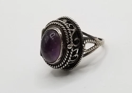 Vtg Taxco Mexico JCSUS Sterling Silver Amethyst Poison Locket Ring Adjustable