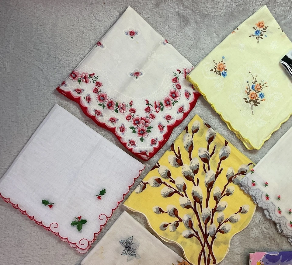 Vintage Handkerchief Hanky Lot 13 Floral Prints Cotton Christmas Pink Purple - Image 2 of 4