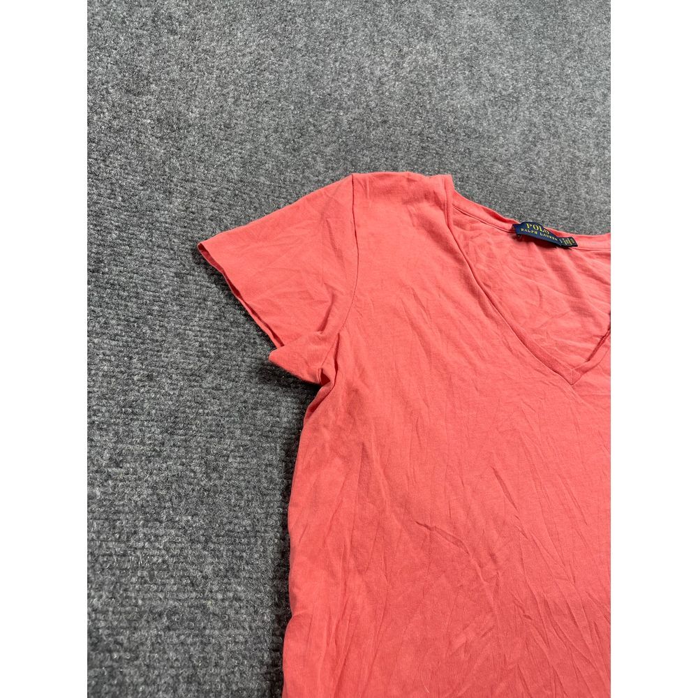 T shirt donna arancione scollo a V manica corta pullover pony cotone taglia small