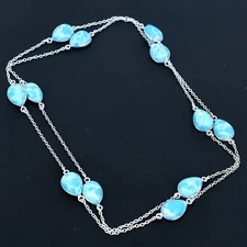 Larimar Pear Gemstone Handmade 925 Sterling Silver Jewelry Necklace 36" VJ 1030