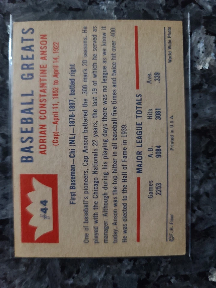 1960 Fleer 棒球伟人队 #44 帽子 Anson 芝加哥小熊队、名人堂、前夏普角 — 第 4/4 张图片