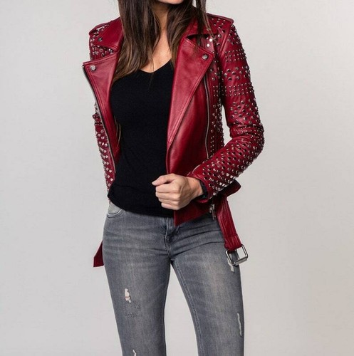 Women Burgundy Leather Studded Jacket 