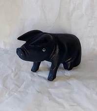 Vintage Wooden Blue  Pig Figurine Ornament Primative Style, Textured Surface 