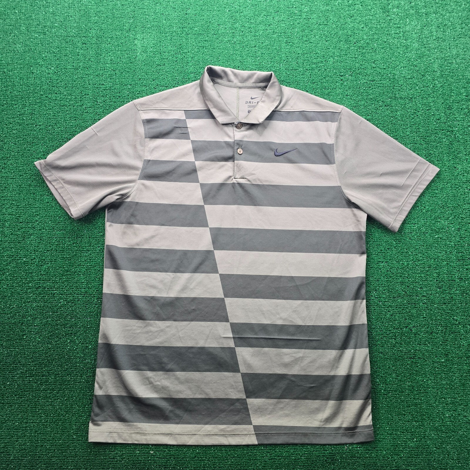Nike Polo Shirt Mens Medium Gray Graphic Hacked Striped Dri Fit Golf Performance