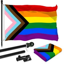 Combo: 6 Ft Flagpole Black  LGBT Progress Rainbow Pride Flag 3x5 Ft