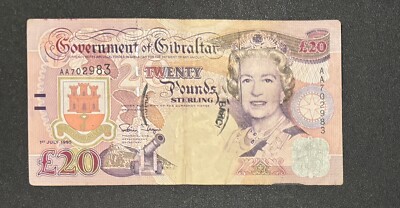 GIBRALTAR: Error - Line On The Queen Face £20 Pounds Banknote 1995 Issued