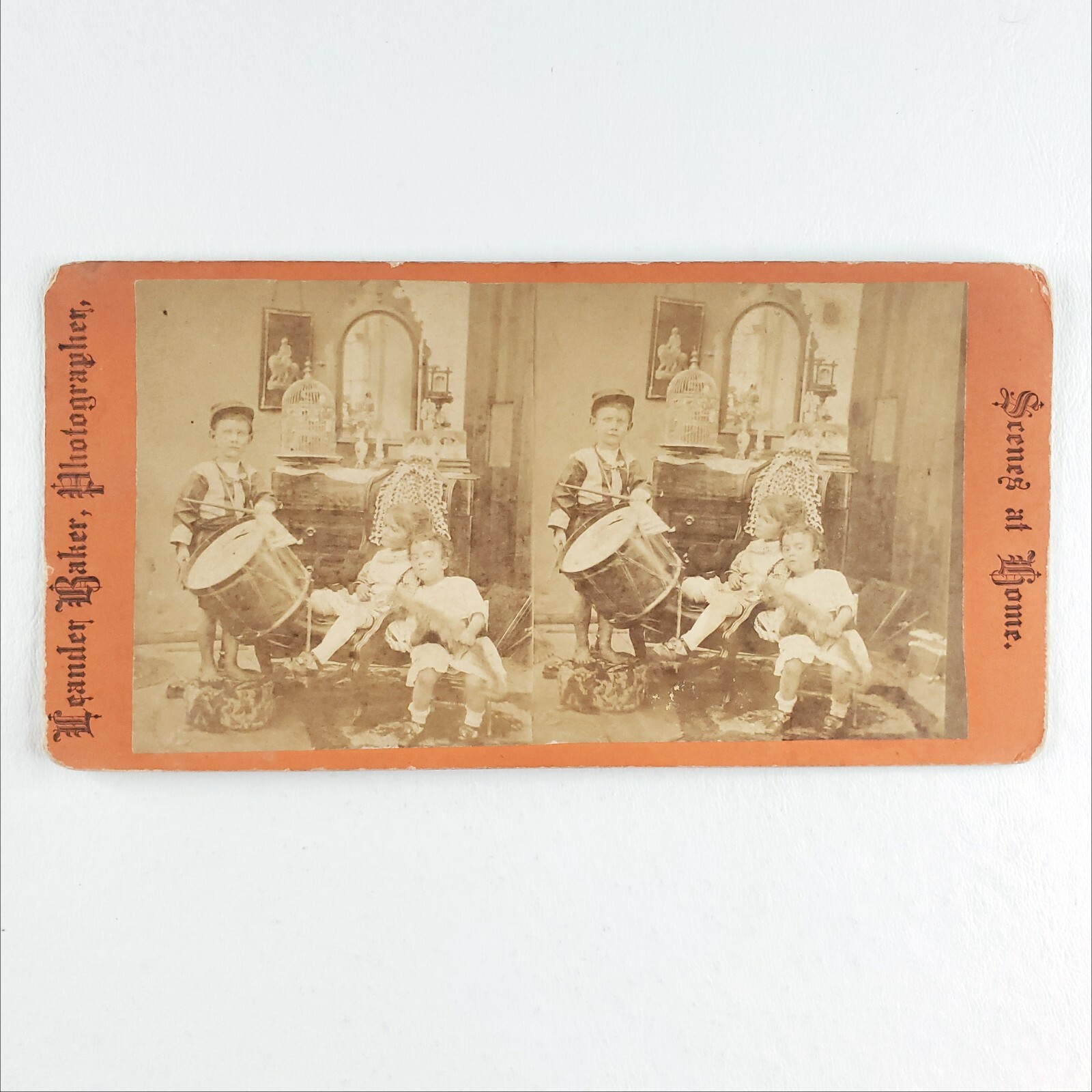 Boy Playing Marching Drum Stereoview c1870 Children House Birdcage