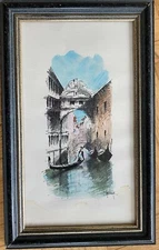 Venice Italy Boats Gondoliers Canal Signed Colorized Etching Frame