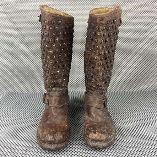 Frye Tall Jenna Disc Boots Womens Size 5.5 B Brown Leather Distressed Studded - Picture 7 of 13