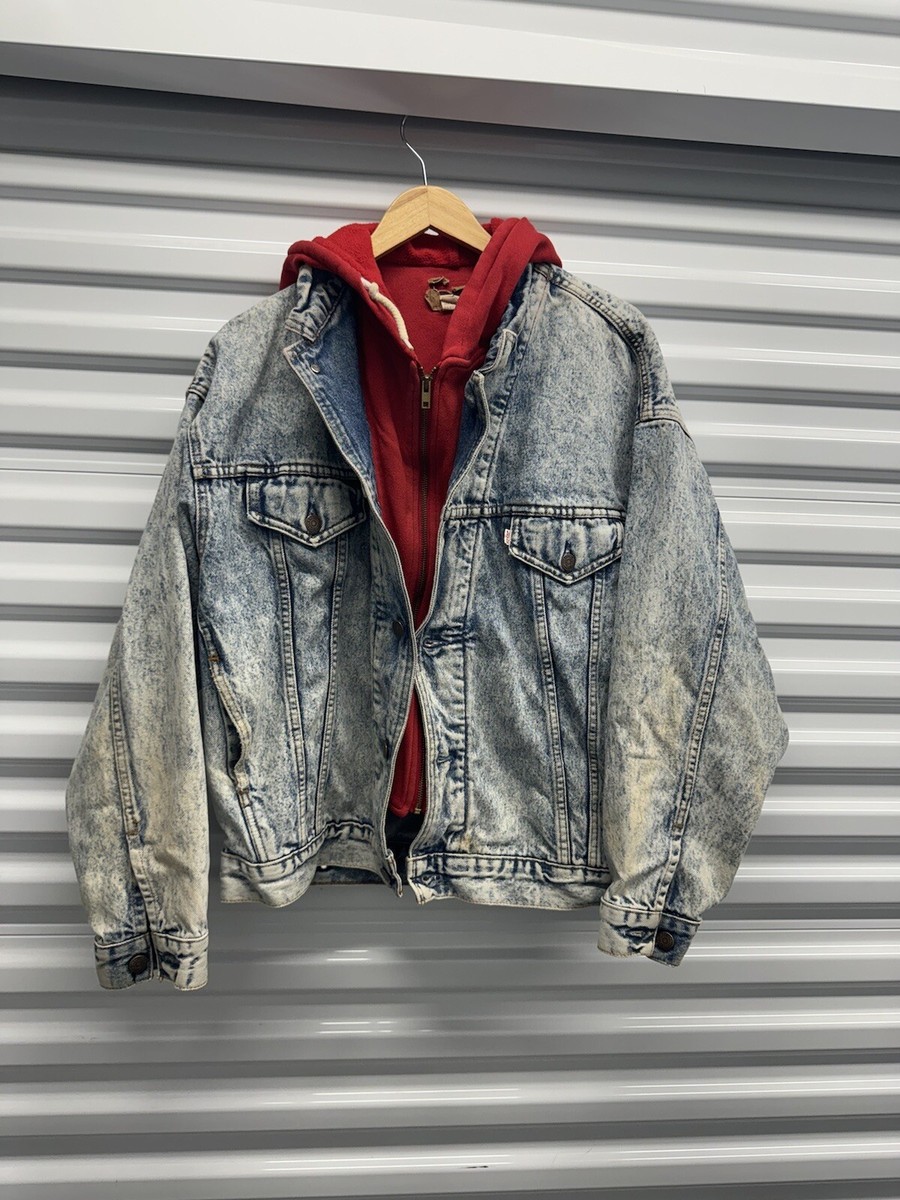 Vintage Levi's Denim Jacket w/ Red Hood Hoodie Lined Trucker Acid