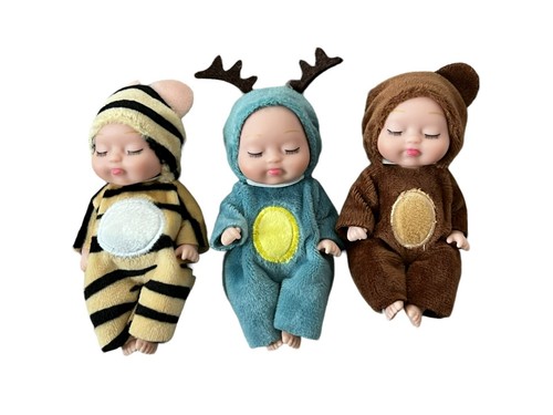 Lot Of 3 Caucasian Sleeping Movable Simulation Baby Dolls In Animal Clothes