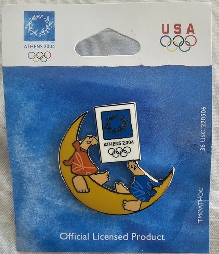Official Licensed Olympic Games Pin Athens 2004 Mascots on the Moon RARE