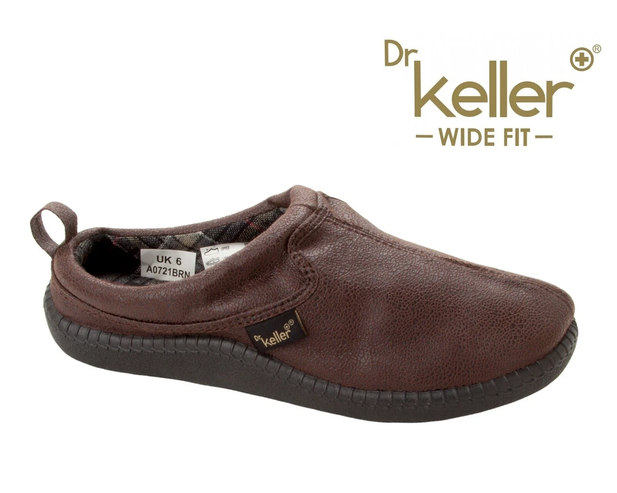 MENS DR KELLER BROWN ORTHOPAEDIC MEMORY FOAM SLIP ON MULE SLIPPERS