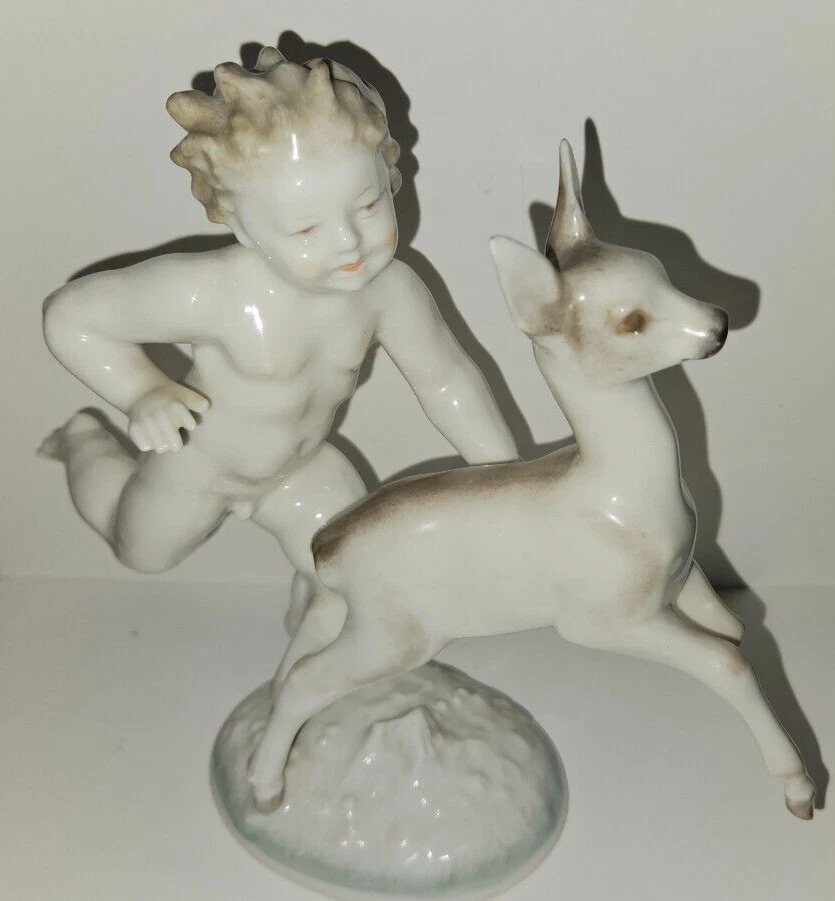 Estatuilla de porcelana Hutschenreuther Selb años 40 querubín y ciervo Alemania Karl Tutter Foto 2 de 4