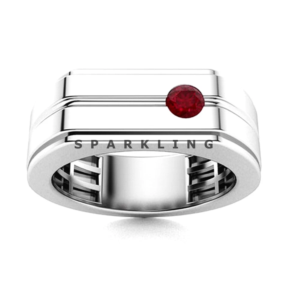 Piedras preciosas de corte redondo de rubí con anillo de plata de ley 925 para hombre #D760 Foto 2 de 4