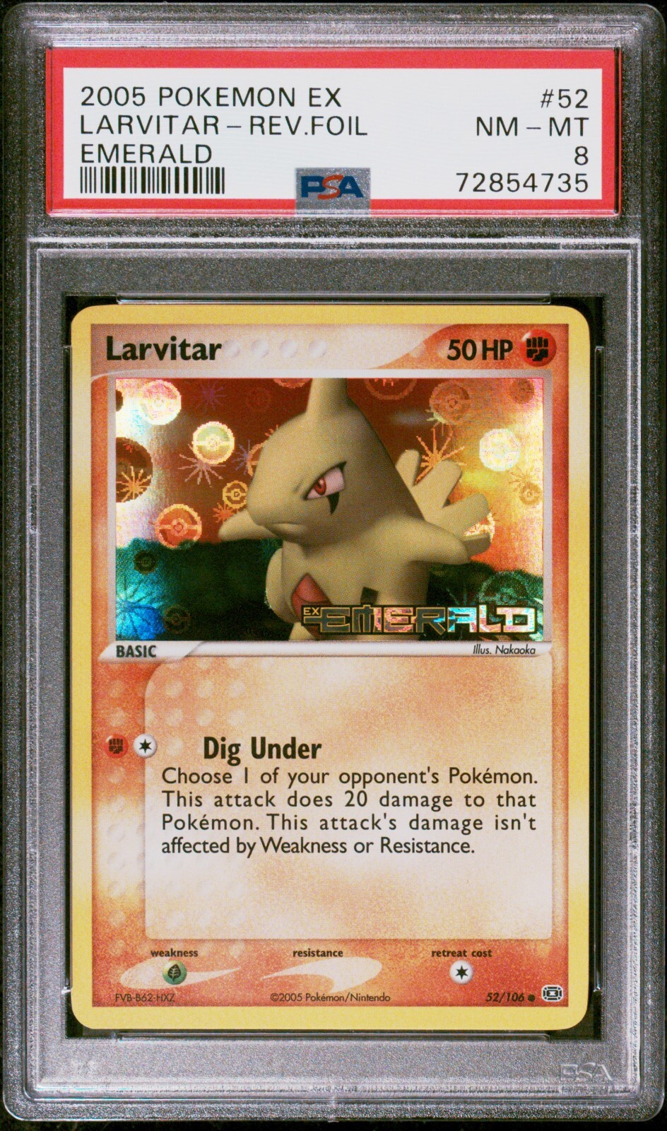 Pokemon Card Larvitar 52/106 Reverse Holo EX Emerald 2005 PSA 8 NM-MT