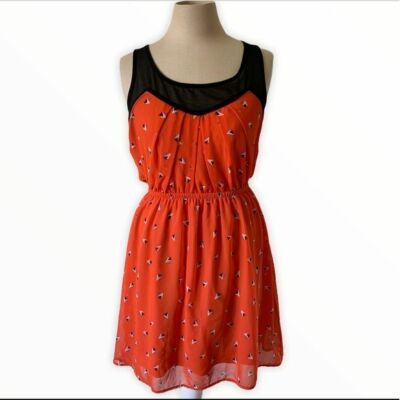 Lush Womens Orange And Black Mesh Geometric Print A-Line Dress Medium