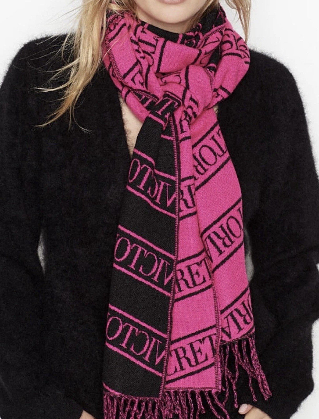 Victoria's Secret Black Pink Fuchsia Woven Logo Scarf Cozy Fringed Wrap