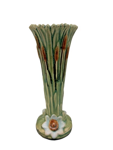 Antique 1920's Weller Pottery Ardsley Cattail 9" Vase