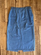100 Cotton Vintage 80s 90s Denim Midi Skirt Elastic Drawstring Waist Size 12