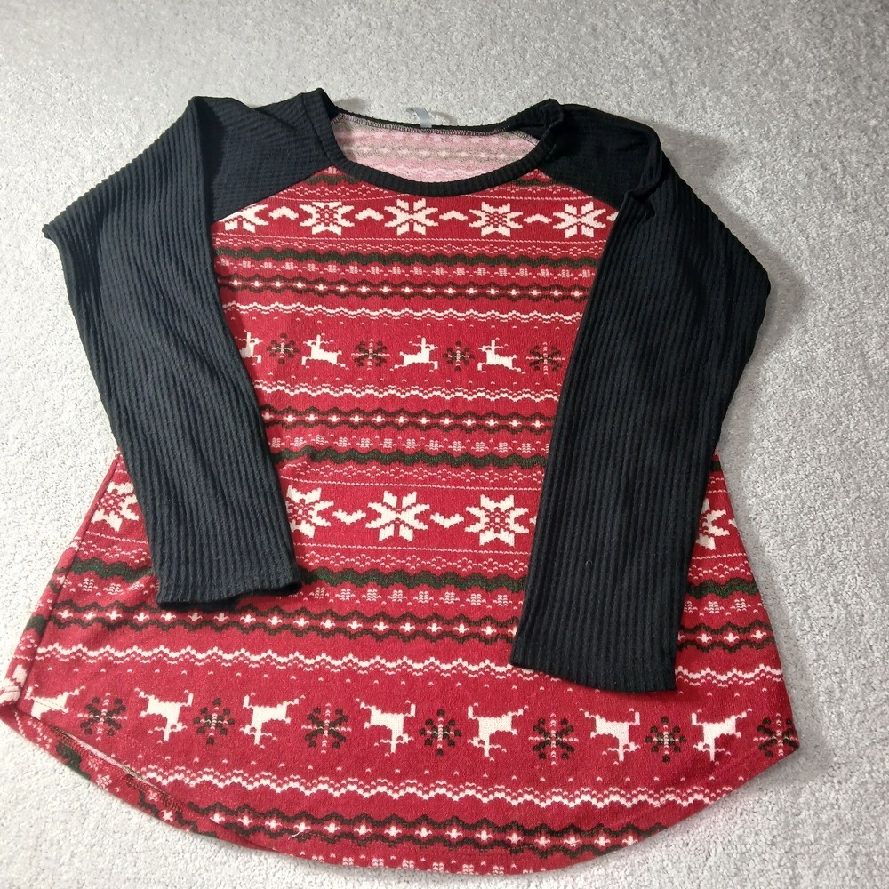 Womens Holiday Acting Pro Red and Black Long Sleeve Christmas Top Size 1x