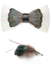 Handmade Feather Pre-tied Bow tie and Brooch Sets for Men White/Green