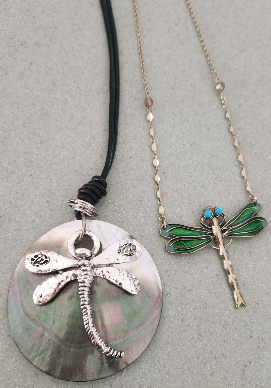 Two Large Dragonfly Statement Necklaces, 22" Gold… - image 1