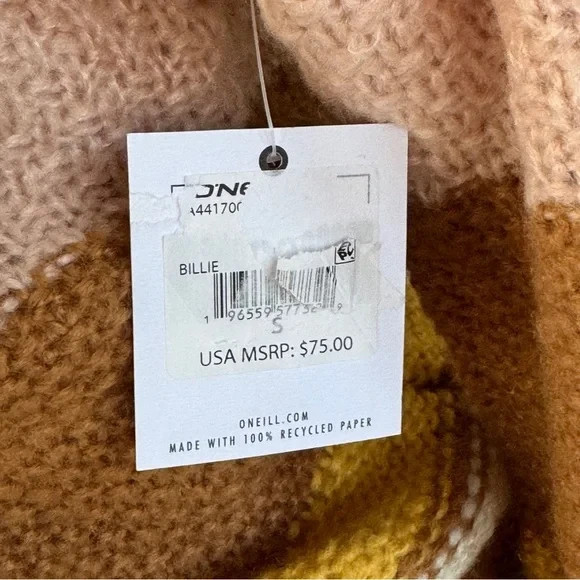 O’Neill Billie Striped Mockneck Pink Brown Yellow Oversized Sweater Small NWT image 4