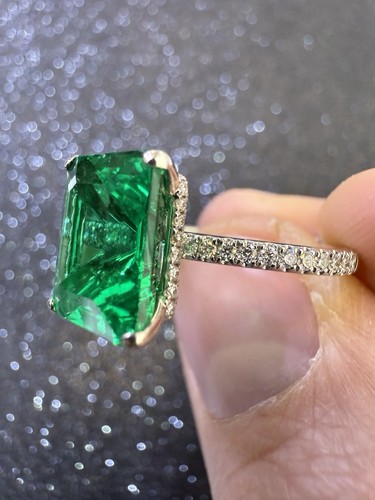 18K White Gold Ring Lab Grown Emerald Colorstone Diamond Hidden Halo Ring - Picture 5 of 11