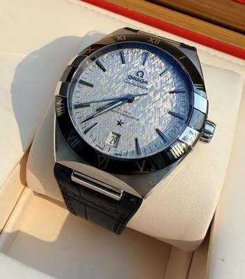 OMEGA Constellation 41mm Co-Axial Chronometer Date Silver Dial Black Leather