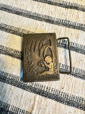 Vtg Solid Brass Little Girl Picking Flowers Belt Buckle  CDC Metalworks Buckle