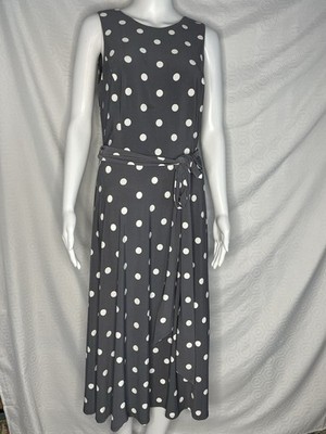 Lauren Ralph Lauren A Line Sleeveless Gray Polka Dot Midi Dress 8 Tie Belt