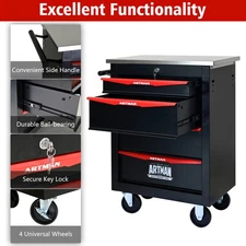 4 Drawer Multifunctional Tool Cart - Wheels, Stainless Steel Roof, Black & Red