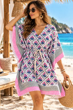 Women Short Floral Kaftan Dress Pink Blue Boho Beach Resort Cover Up