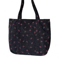 Black Corduroy Tote Bag Strawberry Pattern Large 13"x12" Shoulder Bag Purse New